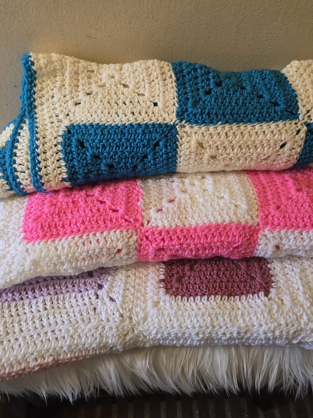 3 Handmade Crochet Granny Square Throw Blanket - White, Teal, Pink, Purple